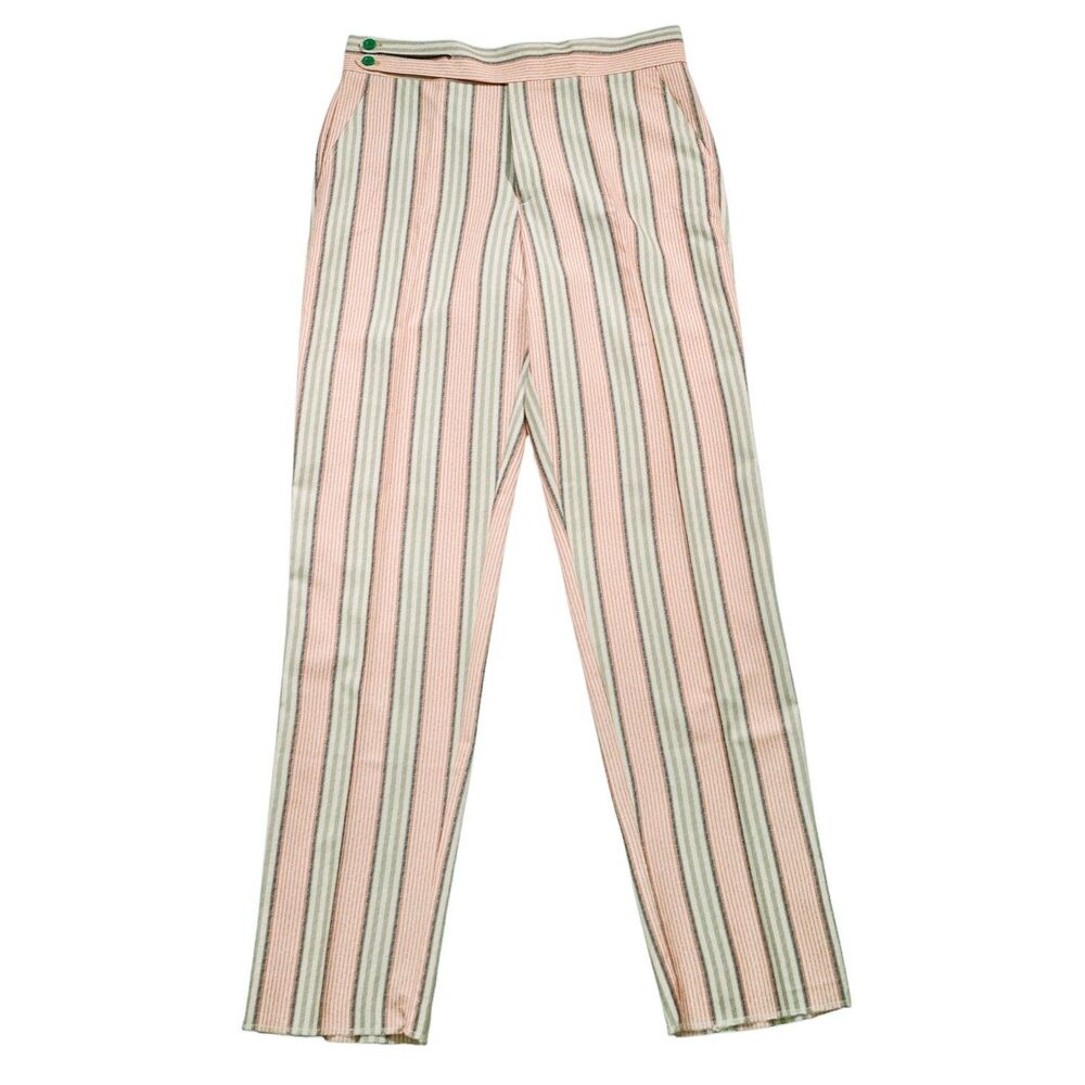Mens 32 Gurkha Pants Orange Green Striped Cotton High Waist Flat Front Trousers - Picture 3 of 7